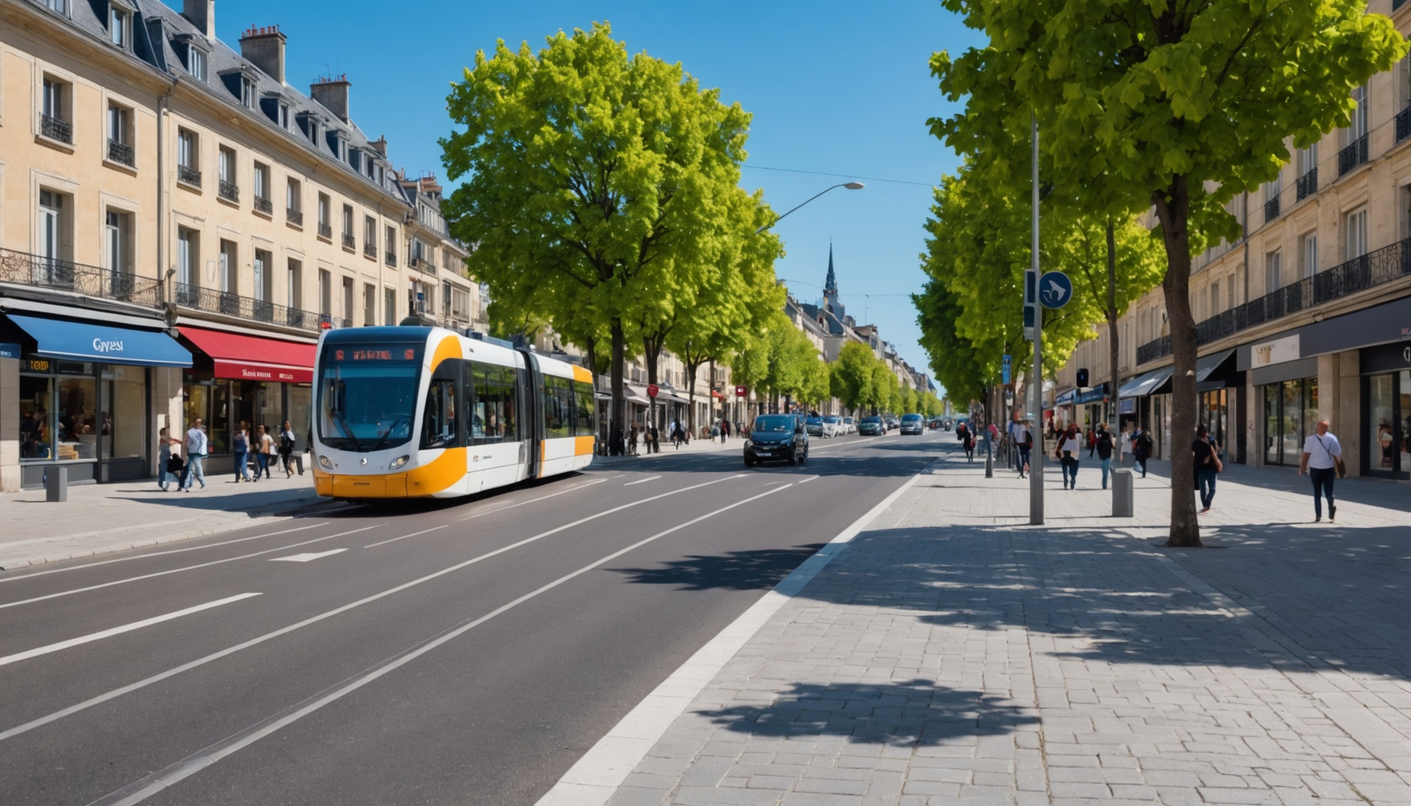 Tramway moderne dans une rue rénovée au Mans