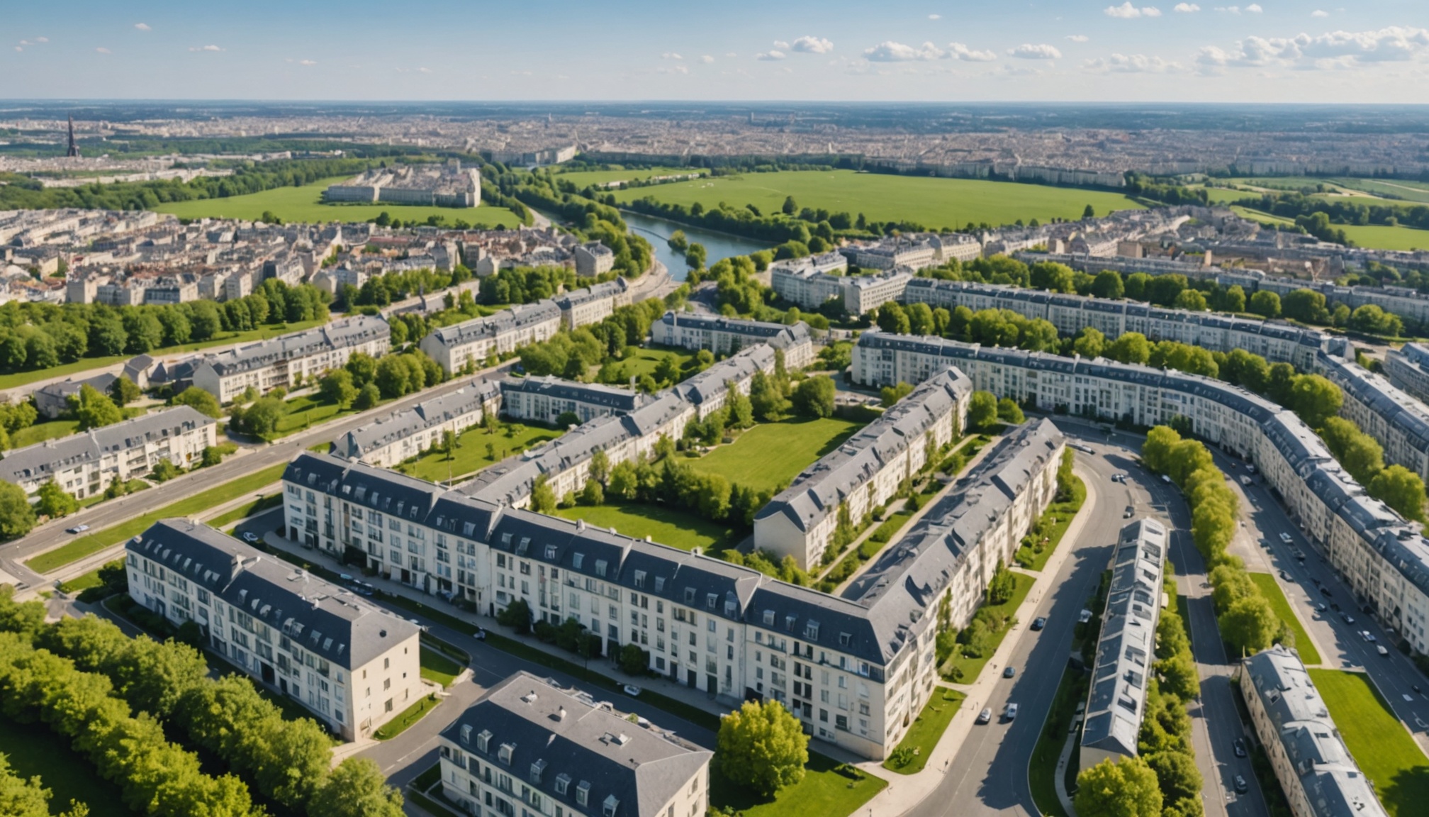 Vue aérienne d'une ville résidentielle verdoyante d'Île-de-France proche d'une gare RER