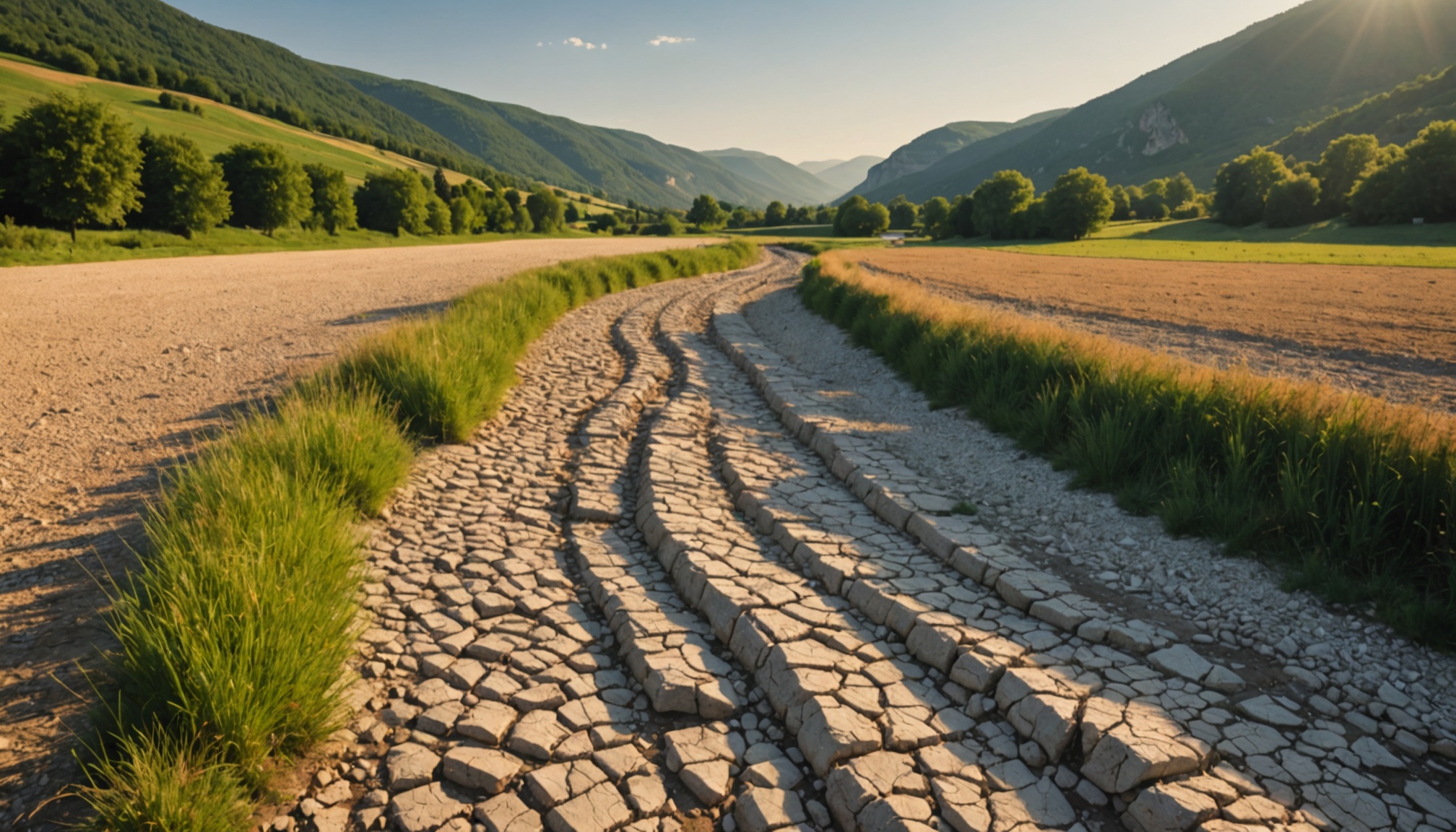 Lit de rivière asséché dans une vallée du Jura en période de sécheresse
