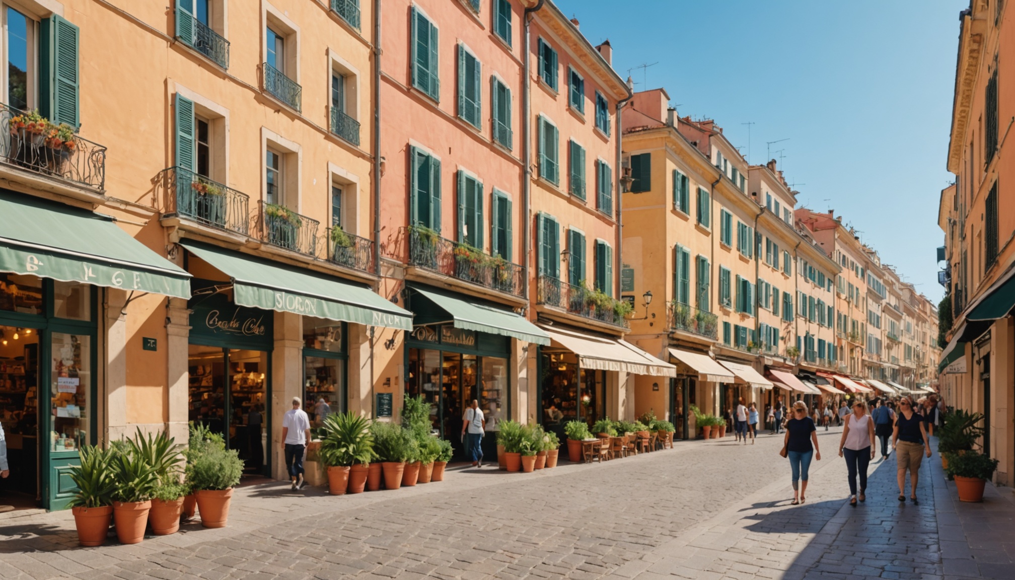 Rue commerçante animée à Nice avec façades colorées
