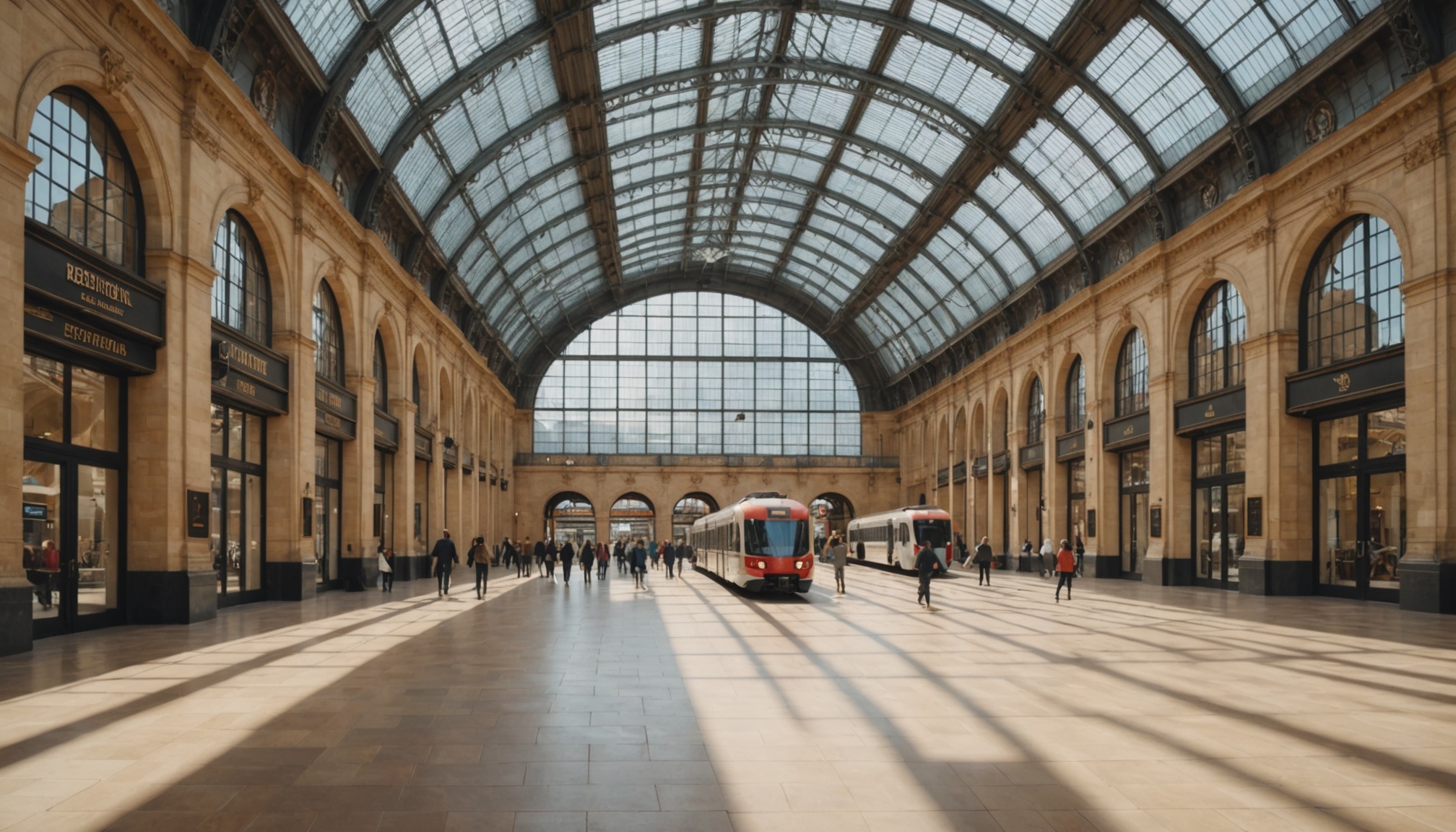 Hall de gare français rénové avec verrière et devantures de boutiques modernes
