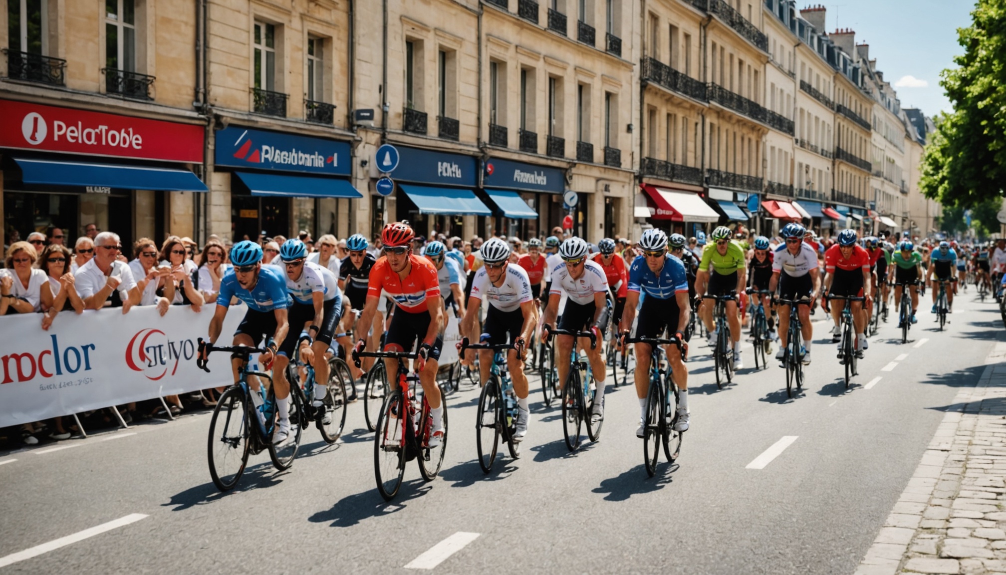 Peloton cycliste traversant une ville française lors d'une course sur route