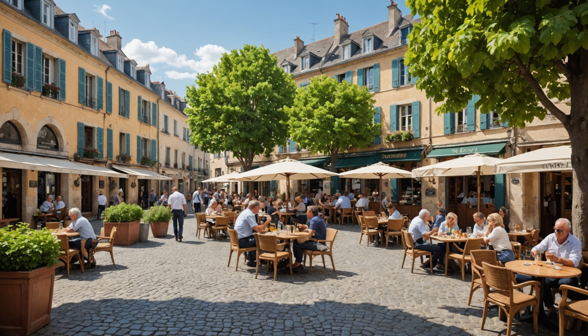 Rue pavée avec terrasses et végétation dans un quartier historique portuaire français