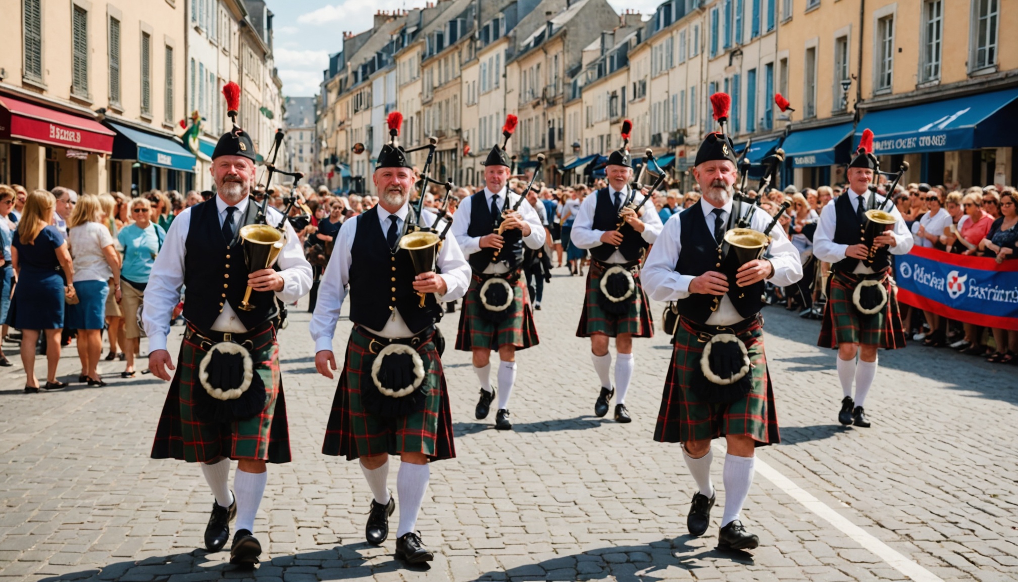 Parade celtique festive dans les rues d'une ville portuaire française, cornemuses et costumes traditionnels