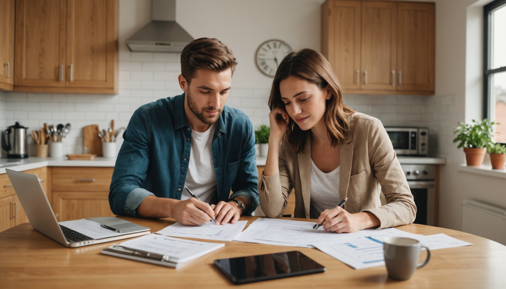 Couple réalisant une simulation de prêt immobilier avec calcul des mensualités