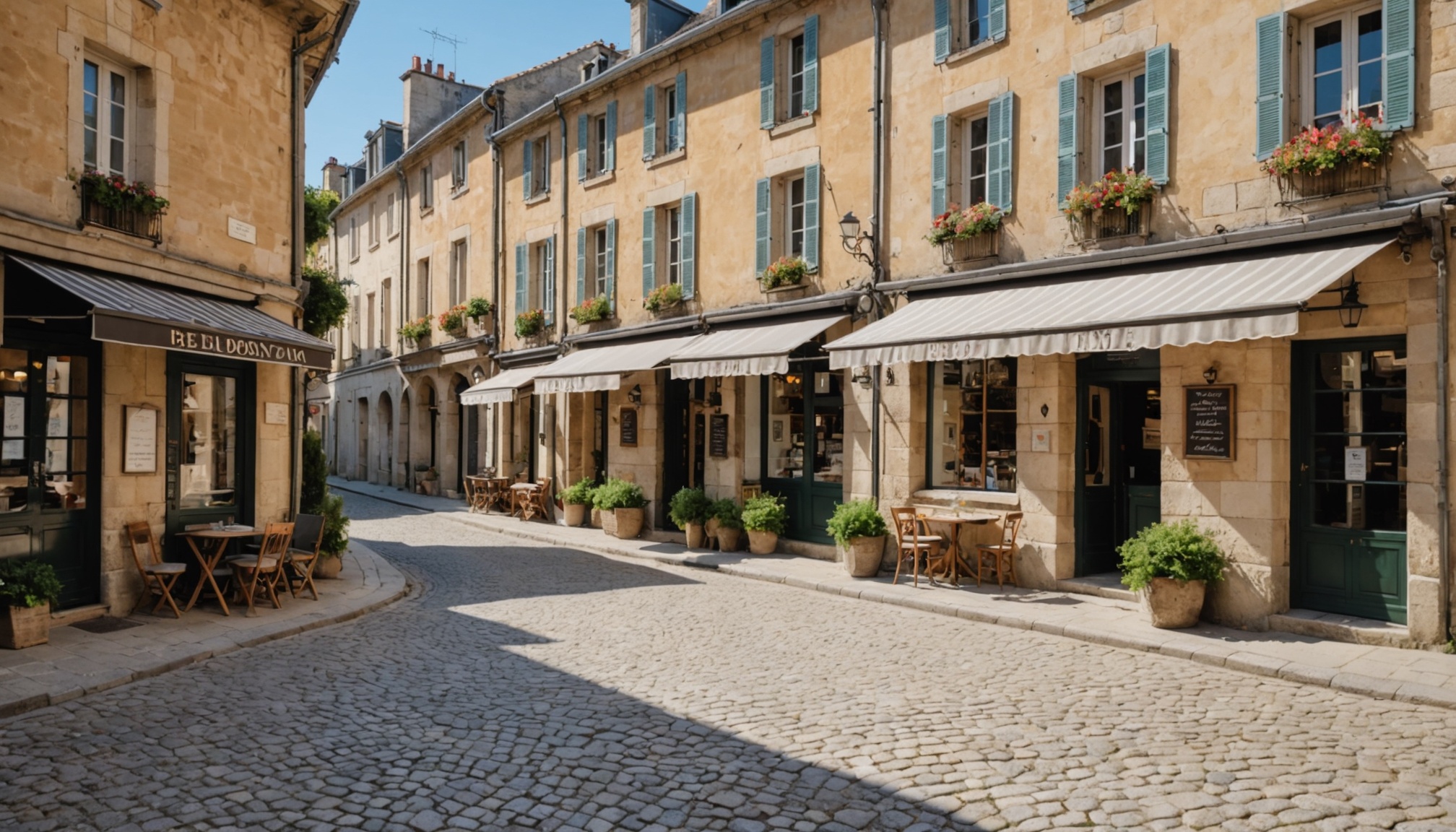 Rue commerçante avec devantures de commerces dans un centre-ville français