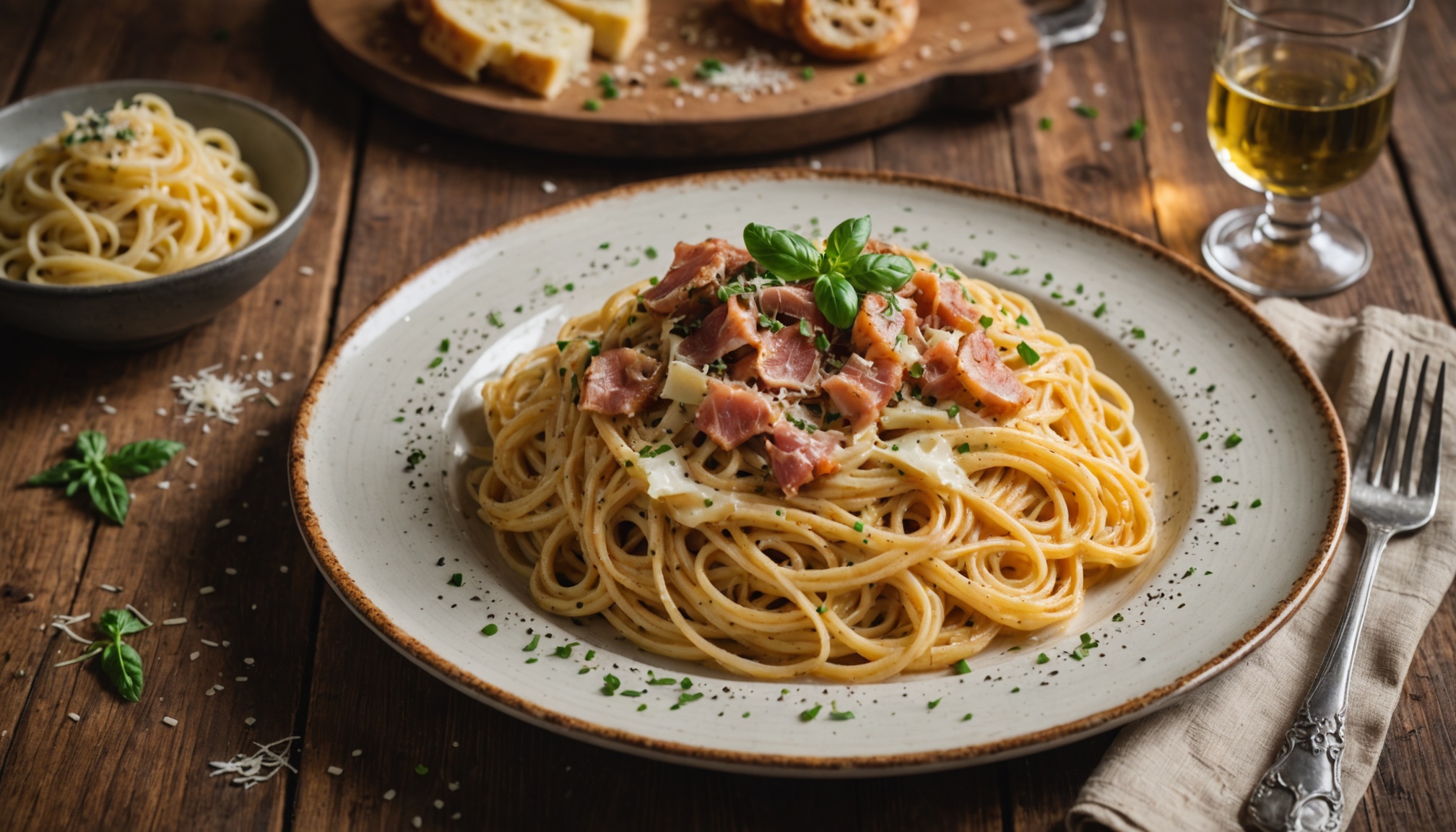 Assiette de spaghetti carbonara avec guanciale, pecorino et poivre noir