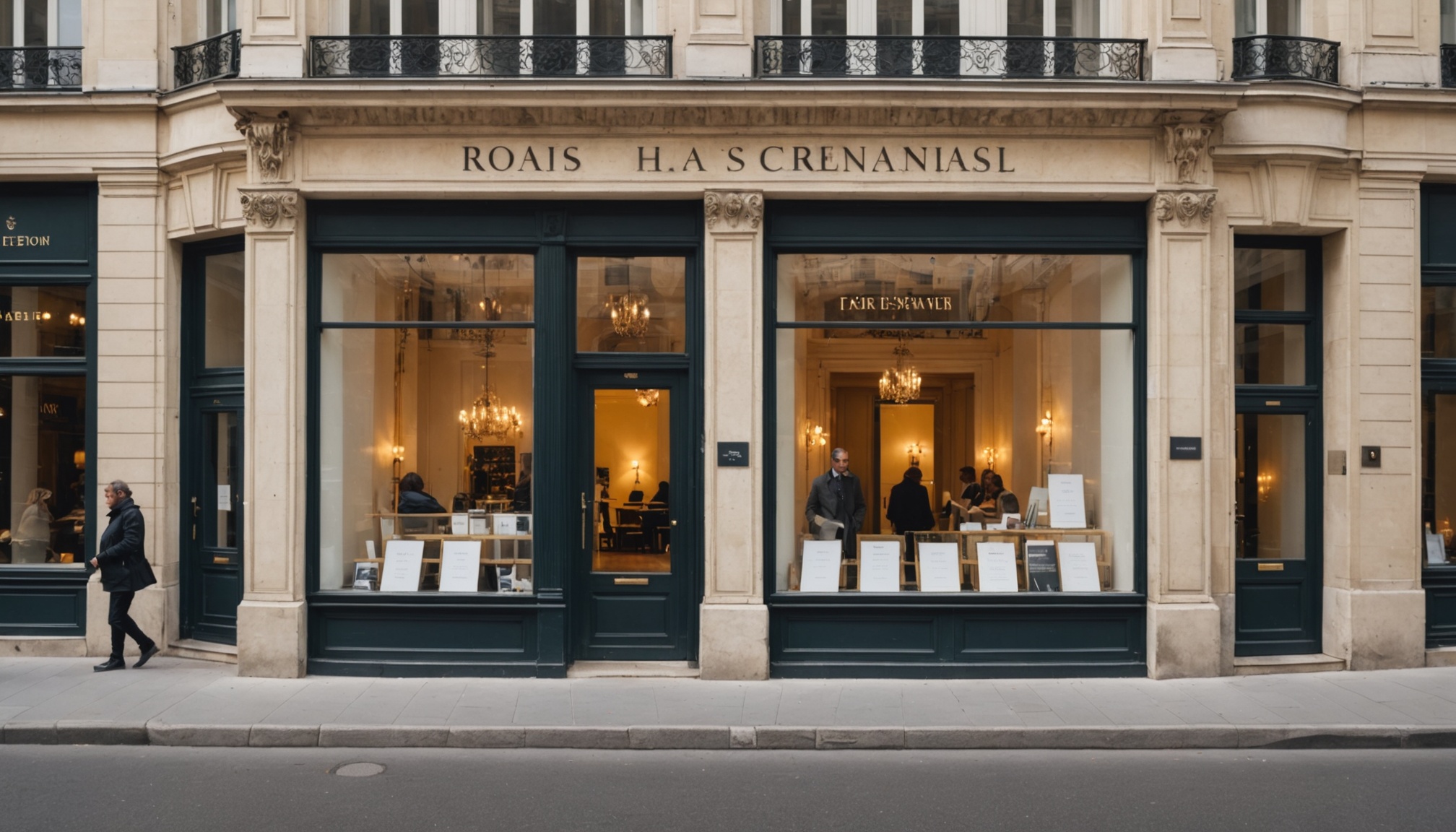 Façade haussmannienne à Paris avec vitrine d'agence immobilière et annonces de biens