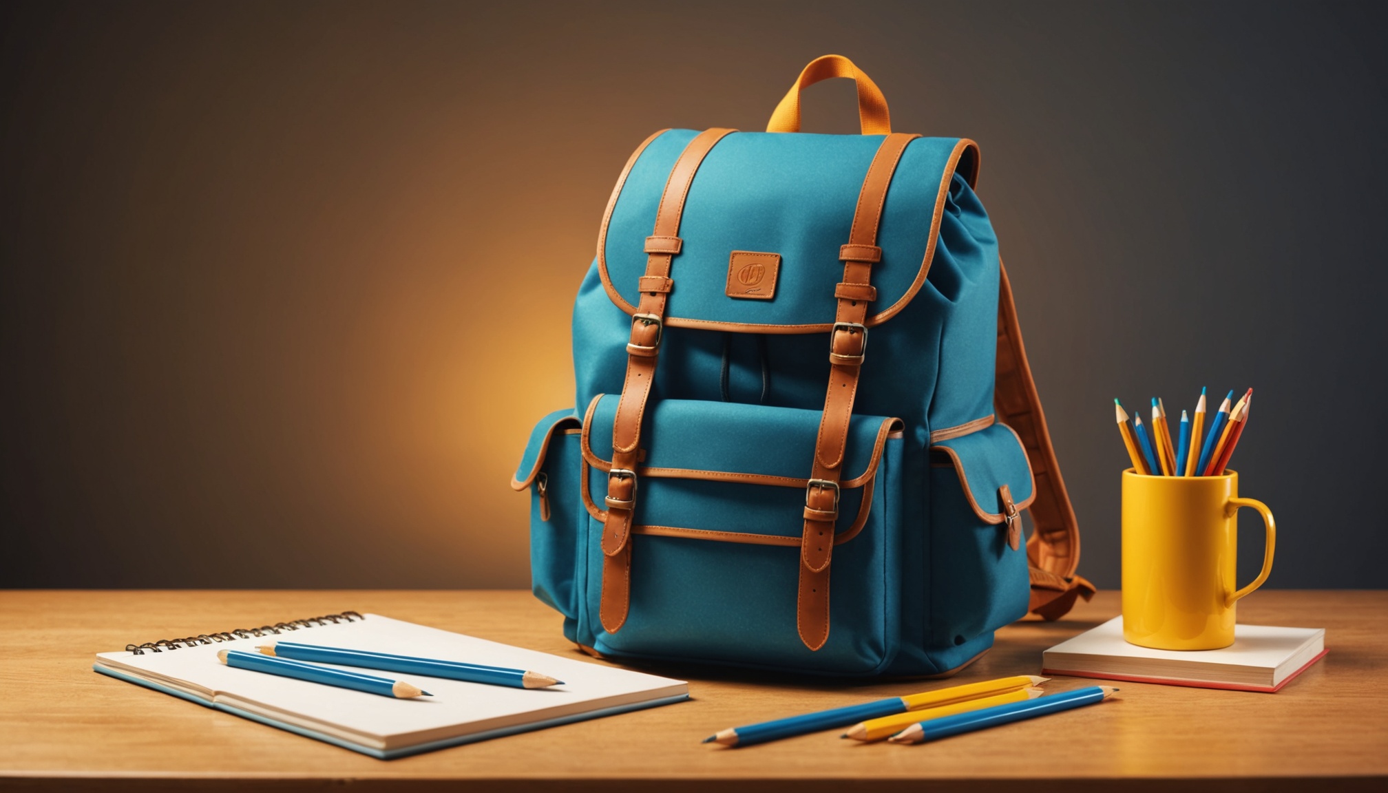 Cartable, cahier et crayons sur un bureau avec une icône de protection illustrant l'assurance scolaire