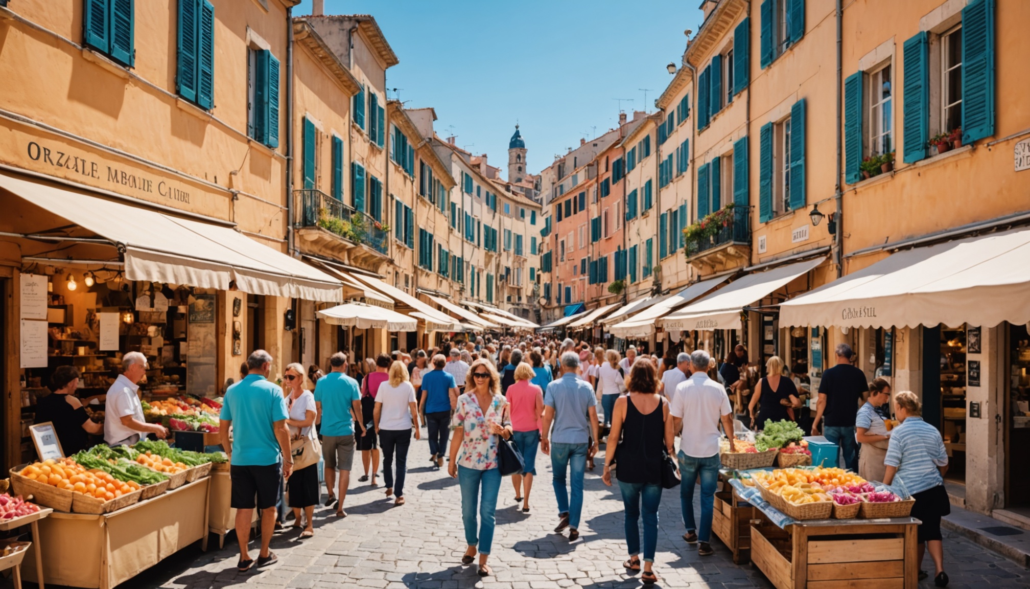 Rue commerçante animée d'une ville de la Côte d'Azur pendant une braderie