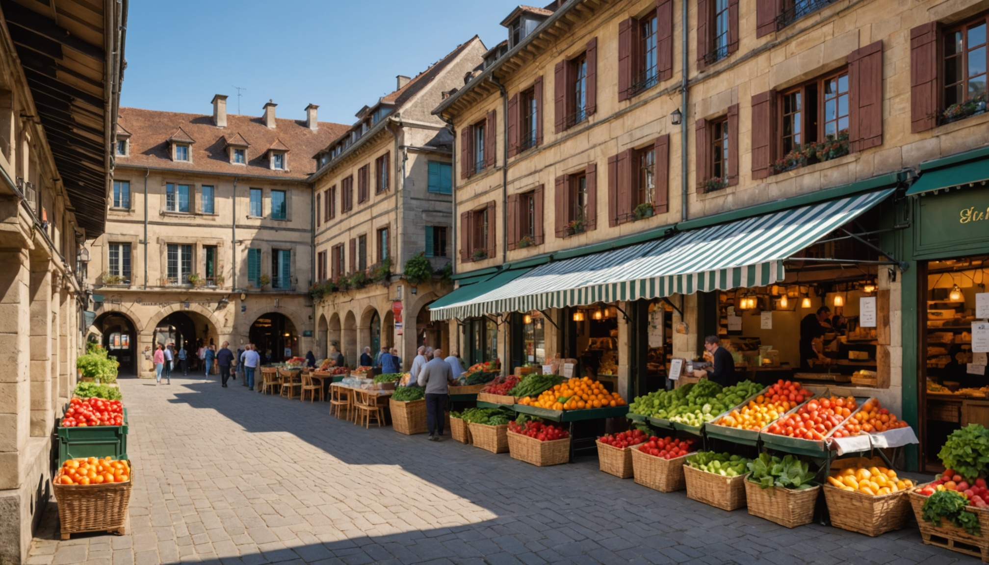 Marché couvert traditionnel de style Baltard en Pays basque avec étals de produits frais