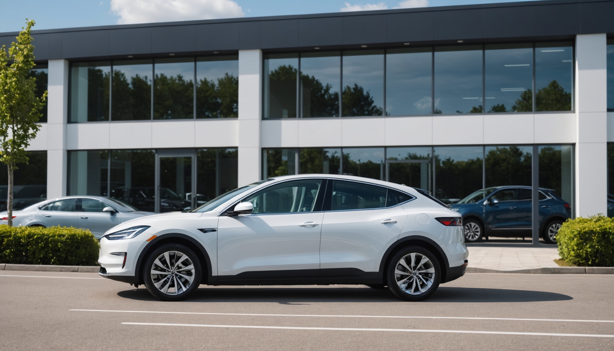 Illustration générée par IA d'une voiture électrique moderne devant un showroom automobile épuré, ne représente pas un modèle réel