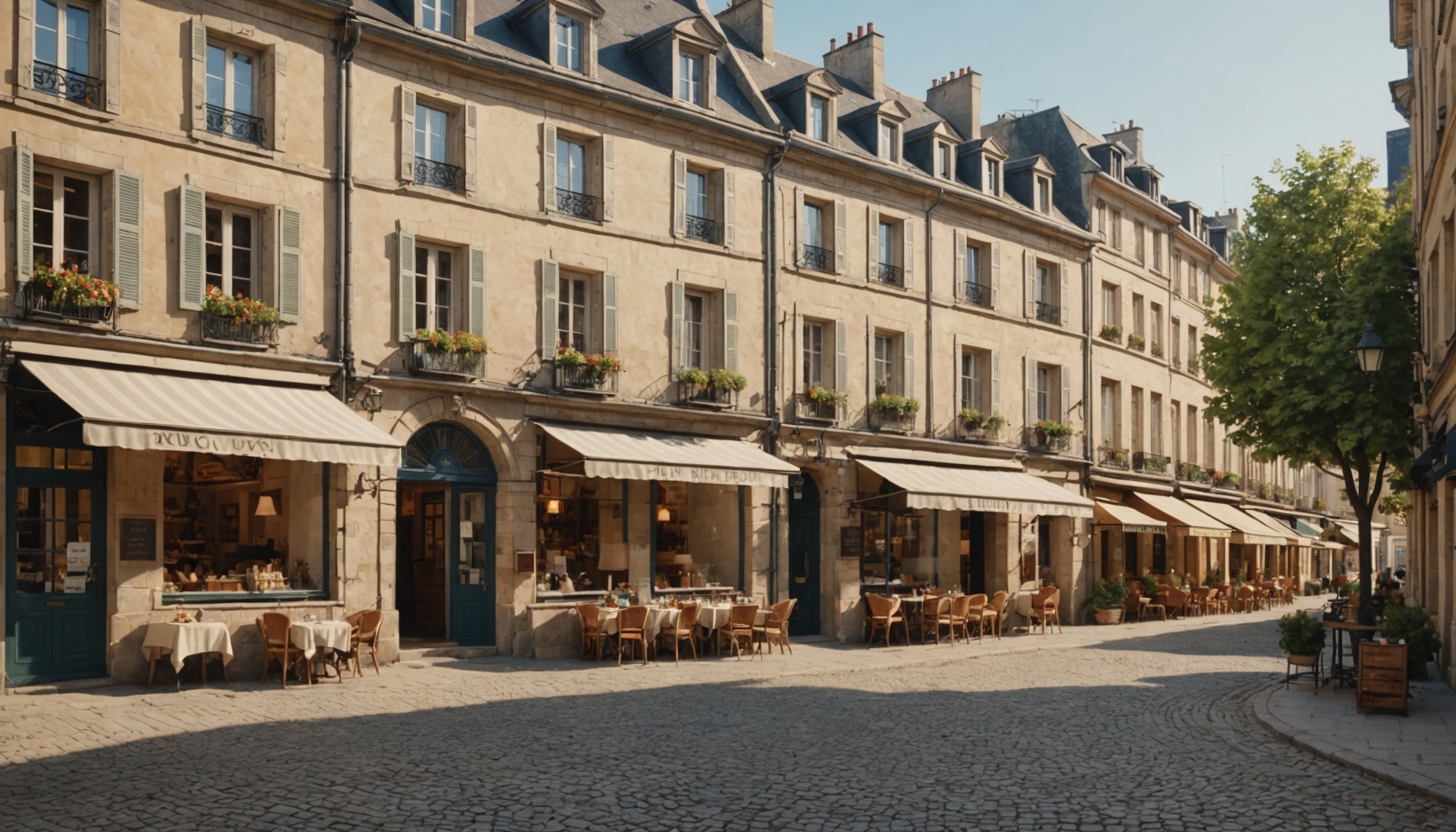 Rue commerçante d'un centre-ville français avec boutiques et mairie à l'arrière-plan