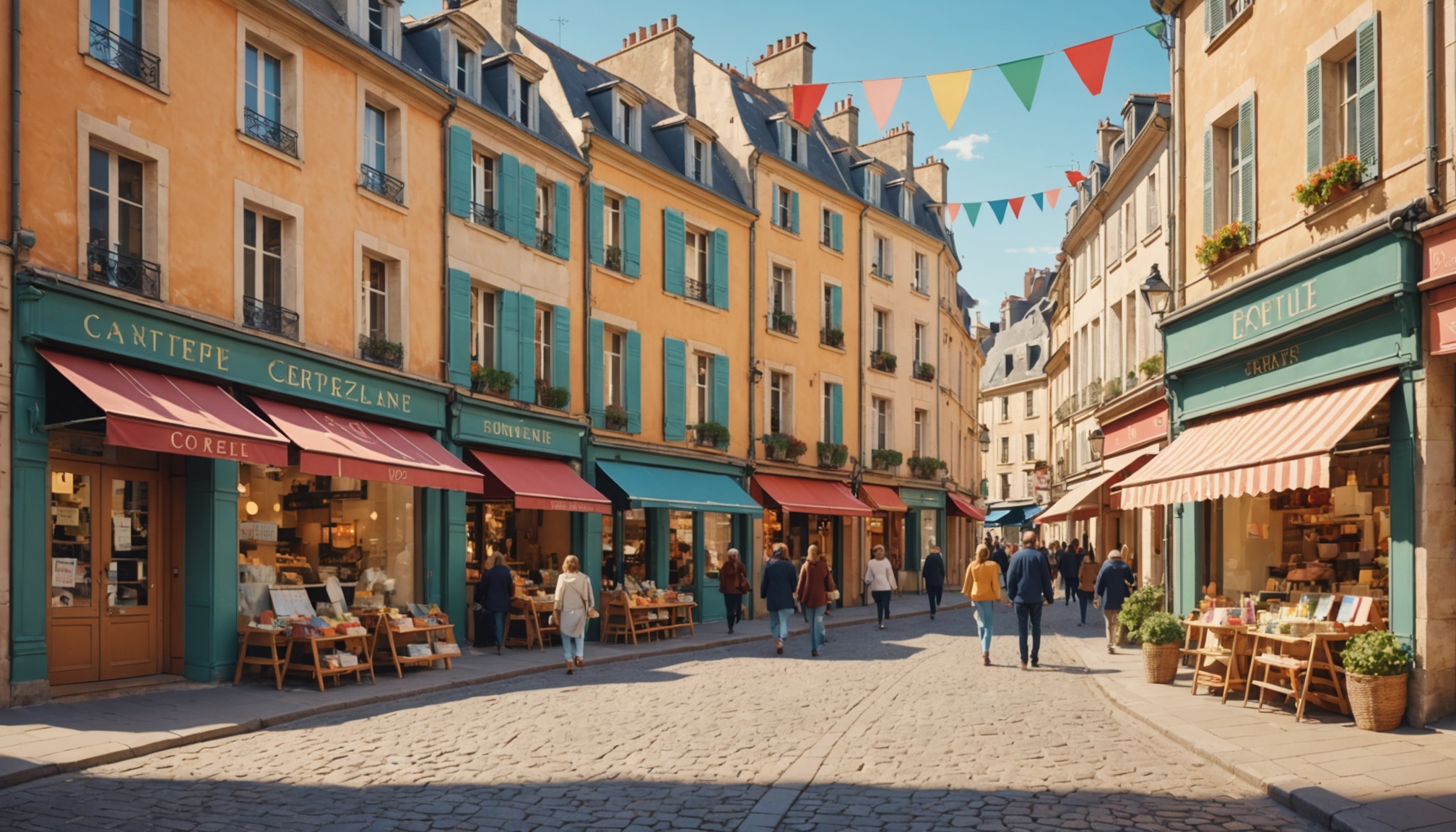 Illustration d'une rue commerçante de centre-ville avec des boutiques et des passants
