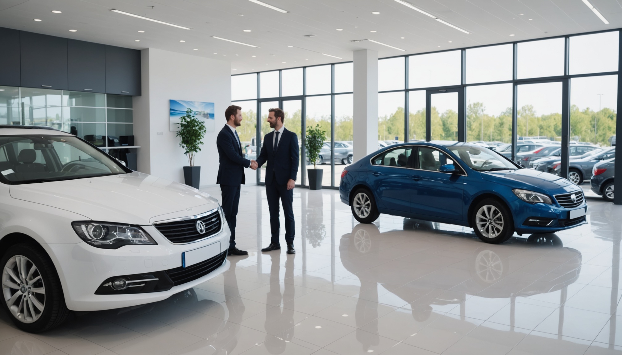 Client et vendeur devant une voiture neuve dans un showroom lumineux